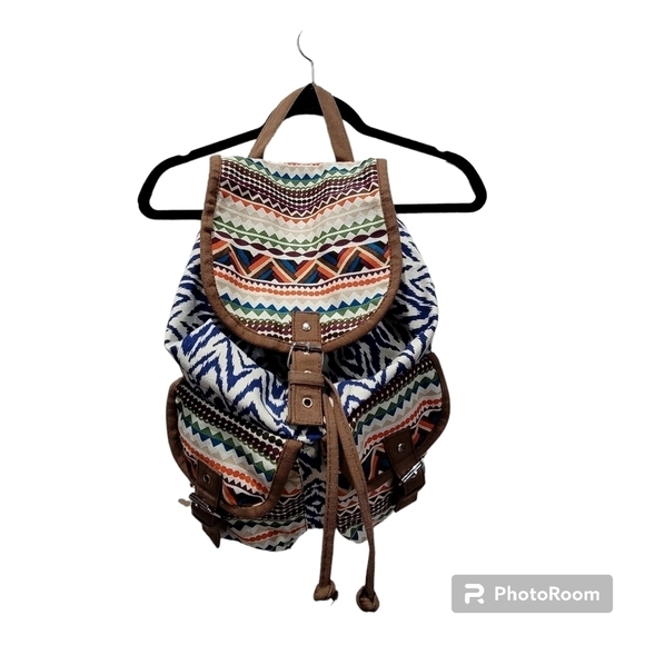 Boho Multicolor Geometric Backpack Blue Liner with Side Pockets Drawstring Bag - Picture 1 of 5
